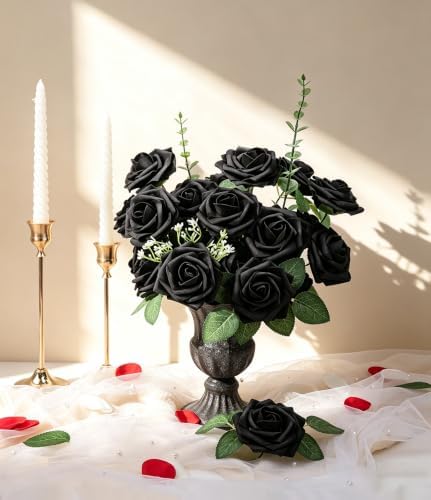 Black Foam Roses 25pcs Artificial Flowers with Stems Home Decor in Black, alternate view 5