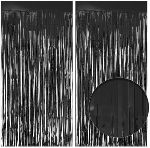 Black Fringe Backdrop, 2 Pack 3.2 x 8.2 Ft Foil Tinsel Curtains in 3.2 x 8.2 Ft