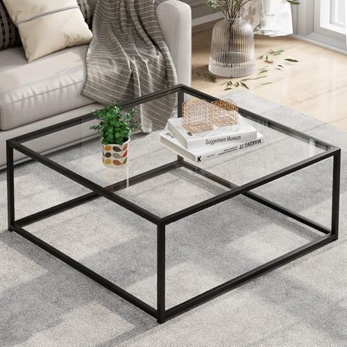 Black Glass Coffee Table for Living Room, Square Coffee Tables for Small Spaces, Simple Tea Cocktail Modern