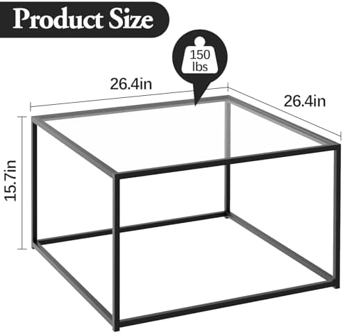 Black Glass Coffee Table for Living Room, Square Coffee Tables for Small Spaces, Simple Tea Cocktail Modern, alternate view 2