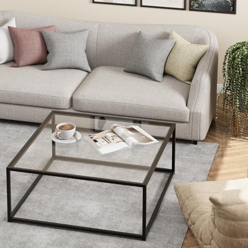Black Glass Coffee Table for Living Room, Square Coffee Tables for Small Spaces, Simple Tea Cocktail Modern, alternate view 3