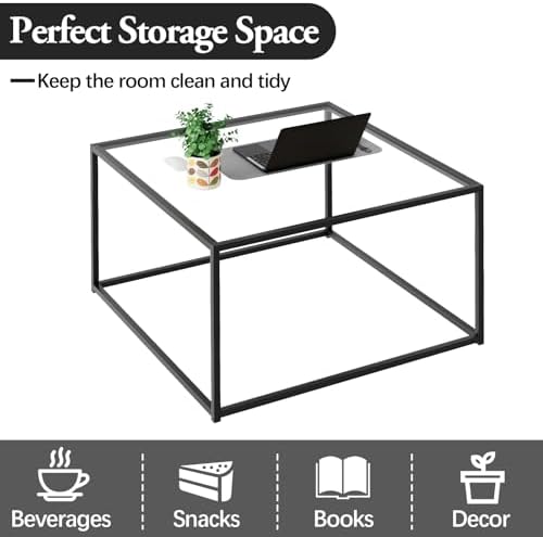 Black Glass Coffee Table for Living Room, Square Coffee Tables for Small Spaces, Simple Tea Cocktail Modern, alternate view 4