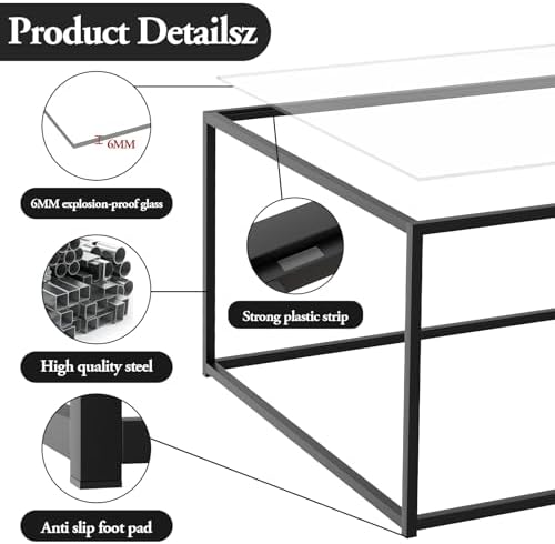 Black Glass Coffee Table for Living Room, Square Coffee Tables for Small Spaces, Simple Tea Cocktail Modern, alternate view 5