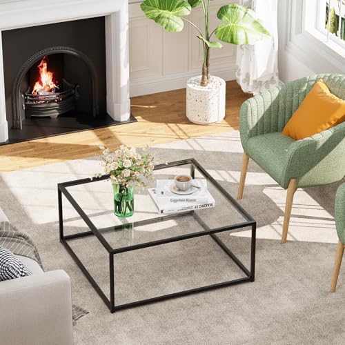 Black Glass Coffee Table for Living Room, Square Coffee Tables for Small Spaces, Simple Tea Cocktail Modern, alternate view 7