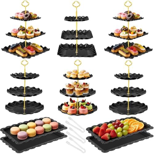 Black Gold Dessert Stand Set 13PCS, 6 Tiered Cupcake Display Towers with 4 Serving Trays and 3 Tongs, Round &