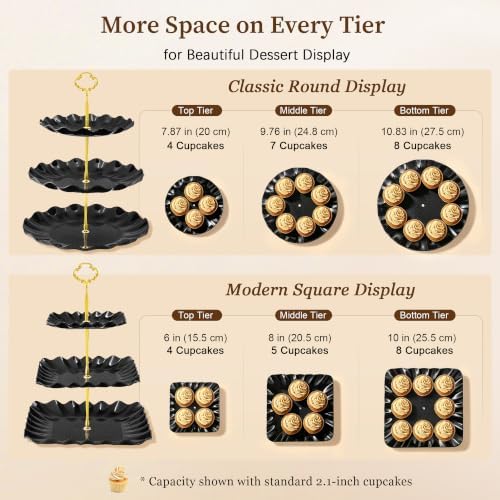 Black Gold Dessert Stand Set 13PCS, 6 Tiered Cupcake Display Towers with 4 Serving Trays and 3 Tongs, Round &, alternate view
