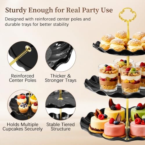Black Gold Dessert Stand Set 13PCS, 6 Tiered Cupcake Display Towers with 4 Serving Trays and 3 Tongs, Round &, alternate view