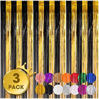 Black Gold Foil Fringe Backdrop Curtains,3.3x8.2ft, 3 Pack in 3.3x8.2ft