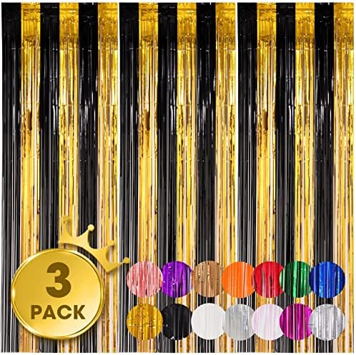 Black Gold Foil Fringe Backdrop Curtains,3.3x8.2ft, 3 Pack in 3.3x8.2ft