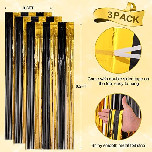 Black Gold Foil Fringe Backdrop Curtains,3.3x8.2ft, 3 Pack in 3.3x8.2ft, alternate view 4