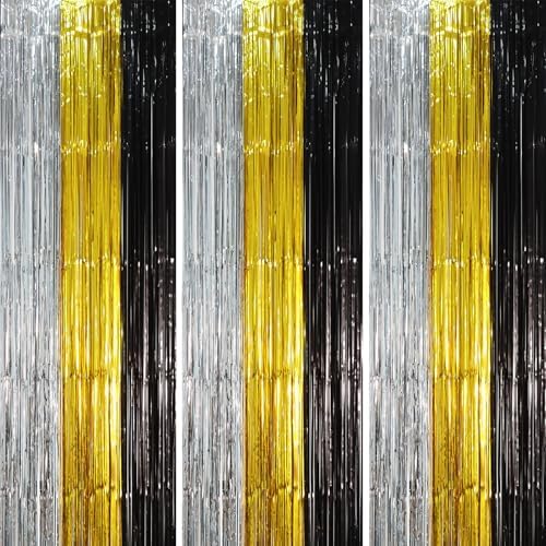 Black Gold Silver Fringe Backdrop Curtains,3.3x8.2ft, 3 Pack in 3.3x8.2ft