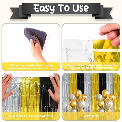 Black Gold Silver Fringe Backdrop Curtains,3.3x8.2ft, 3 Pack in 3.3x8.2ft, alternate view 4