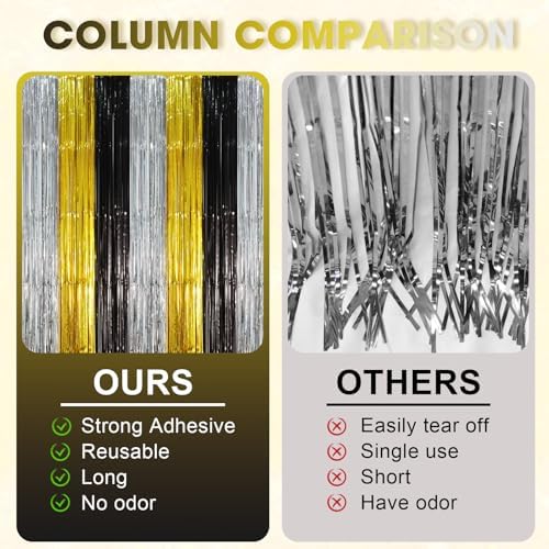 Black Gold Silver Fringe Backdrop Curtains,3.3x8.2ft, 3 Pack in 3.3x8.2ft, alternate view 5