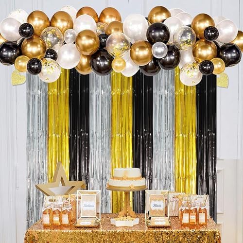 Black Gold Silver Fringe Backdrop Curtains,3.3x8.2ft, 3 Pack in 3.3x8.2ft, alternate view 6