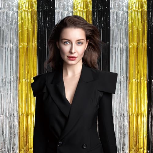 Black Gold Silver Fringe Backdrop Curtains,3.3x8.2ft, 3 Pack in 3.3x8.2ft, alternate view 7