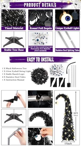 Black Halloween Tree with Eyeball String Lights for Christmas Decorations in Black, alternate view 3