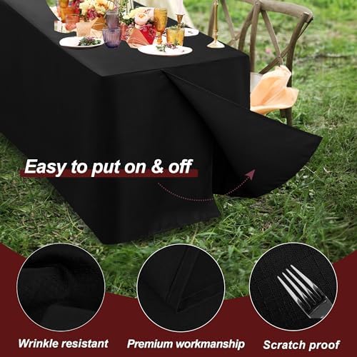 Black Linen Textured Fitted Table Covers For 6Ft Rectangle Tables 2 Pack in 6FT|2 Pack in Black Textured, alternate view 3