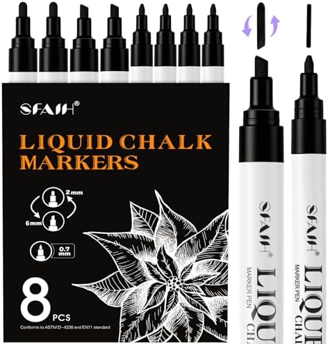 Black Liquid Chalk Markers 8 Pack, 2mm/6mm Reversible & 0.7mm Fine Tip in 8 Black