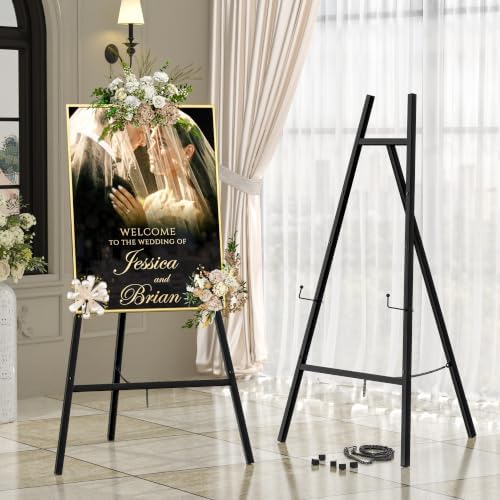 Black Metal Easel Stand for Sign, Heavy Duty Art Easel with Adjustable Chain, Tripod Structure,4-Level Height