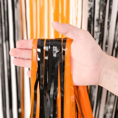 Black Orange Foil Fringe Backdrop Curtains,3.3x8.2ft, 3 Pack in 39.6" × 98.4" in 37 Black and Orange, alternate view 2