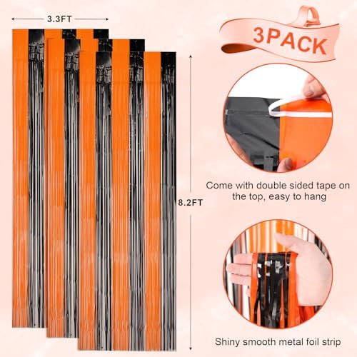 Black Orange Foil Fringe Backdrop Curtains,3.3x8.2ft, 3 Pack in 39.6" × 98.4" in 37 Black and Orange, alternate view 3