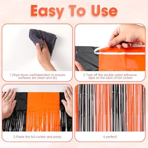 Black Orange Foil Fringe Backdrop Curtains,3.3x8.2ft, 3 Pack in 39.6" × 98.4" in 37 Black and Orange, alternate view 4