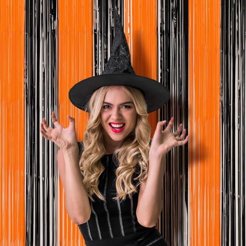 Black Orange Foil Fringe Backdrop Curtains,3.3x8.2ft, 3 Pack in 39.6" × 98.4" in 37 Black and Orange, alternate view 6