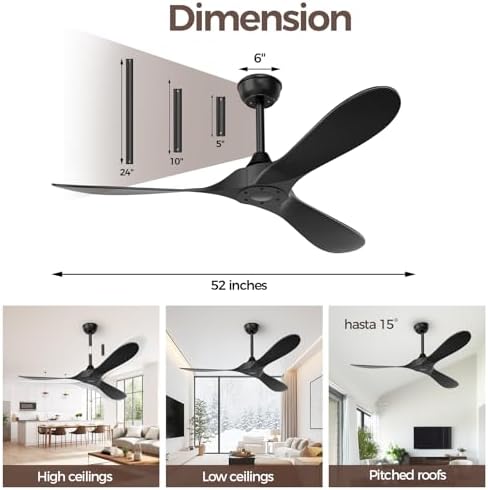 Black Outdoor Ceiling Fan, 52 in Ceiling Fans No Light with Remote Control, 3 Blades, 6 Speed Reversible DC, alternate view 2