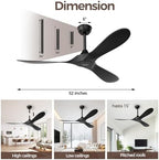 Black Outdoor Ceiling Fan, 52 in Ceiling Fans No Light with Remote Control, 3 Blades, 6 Speed Reversible DC, alternate view 2
