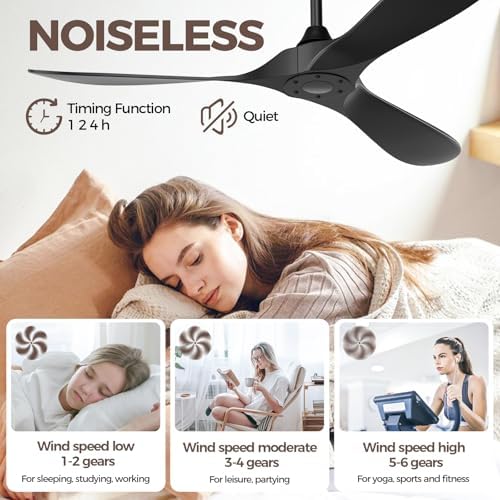 Black Outdoor Ceiling Fan, 52 in Ceiling Fans No Light with Remote Control, 3 Blades, 6 Speed Reversible DC, alternate view 3