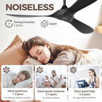 Black Outdoor Ceiling Fan, 52 in Ceiling Fans No Light with Remote Control, 3 Blades, 6 Speed Reversible DC, alternate view 3
