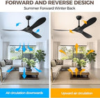 Black Outdoor Ceiling Fan, 52 in Ceiling Fans No Light with Remote Control, 3 Blades, 6 Speed Reversible DC, alternate view 4