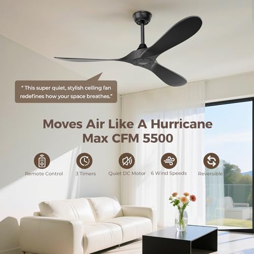 Black Outdoor Ceiling Fan, 52 in Ceiling Fans No Light with Remote Control, 3 Blades, 6 Speed Reversible DC, alternate view 5