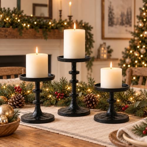 Black Pillar Candle Holders Set of 3, Cast Iron Candle Stands in Black