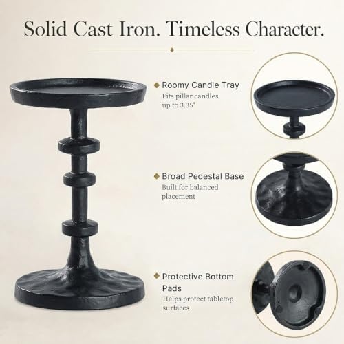 Black Pillar Candle Holders Set of 3, Cast Iron Candle Stands in Black, alternate view 4