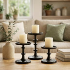 Black Pillar Candle Holders Set of 3, Cast Iron Candle Stands in Black, alternate view 7