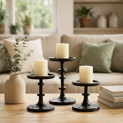 Black Pillar Candle Holders Set of 3, Cast Iron Candle Stands in Black, alternate view 7