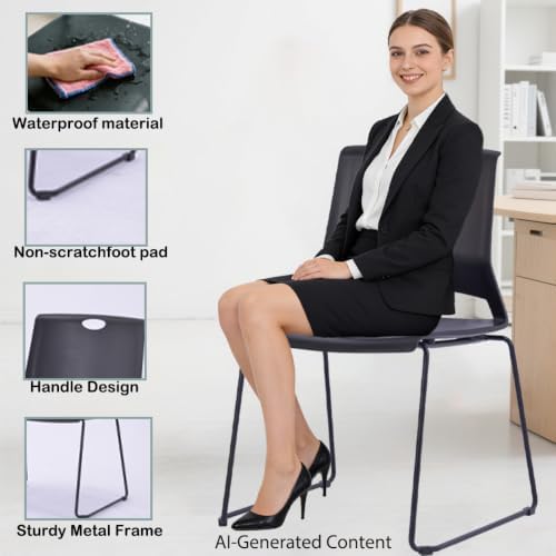 Black Plastic Stackable Chairs Set of 8 for Waiting Room Conference Church in Black, alternate view 7