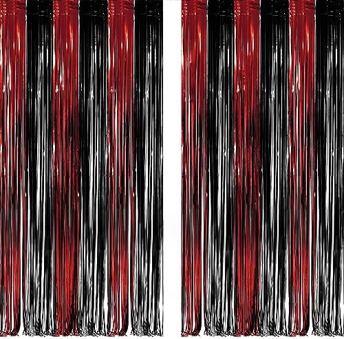 Black Red Party Streamers Backdrop - Foil Fringe Tinsel for Stranger/Friday Party/Halloween Party Decorations