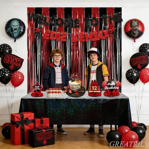 Black Red Party Streamers Backdrop - Foil Fringe Tinsel for Stranger/Friday Party/Halloween Party Decorations, alternate view