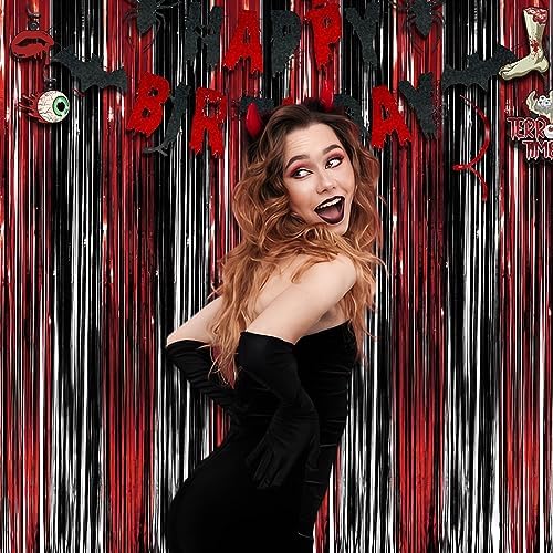 Black Red Party Streamers Backdrop - Foil Fringe Tinsel for Stranger/Friday Party/Halloween Party Decorations, alternate view