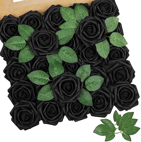 Black Rose 25pcs Real Looking Artificial Flowers w/Stem in Black
