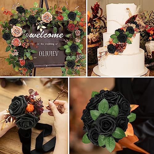 Black Rose 25pcs Real Looking Artificial Flowers w/Stem in Black, alternate view 4