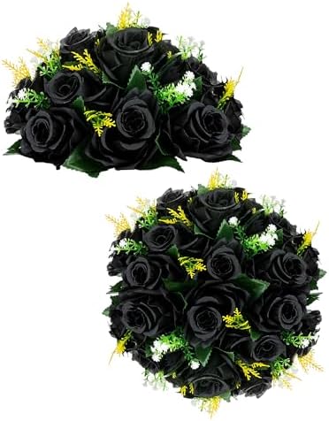 Black Rose Flower Balls for Table Centerpiece, 2 Pcs, Easy of Use in 19.6"x9.8" in Black