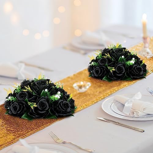 Black Rose Flower Balls for Table Centerpiece, 2 Pcs, Easy of Use in 19.6"x9.8" in Black, alternate view 2