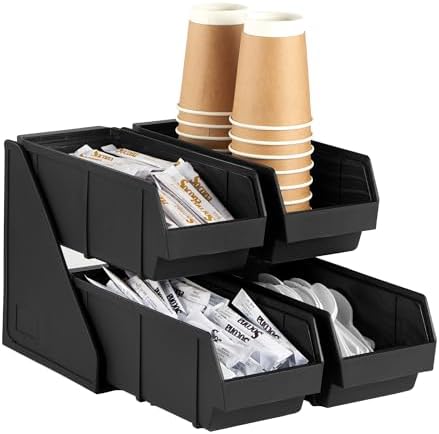 Black Self Serve Condiment Bin Stand Set, Removable Condiment Organizer with 2-Tier Stand and 4 Condiment Bins
