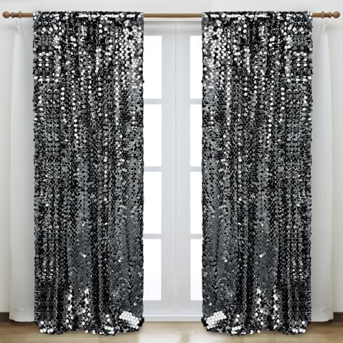 Black Sequin Backdrop, 4x10 FT, 2 Panels for Halloween Party Decor in 4 ft W x 10 ft L (2 Panels) in Black