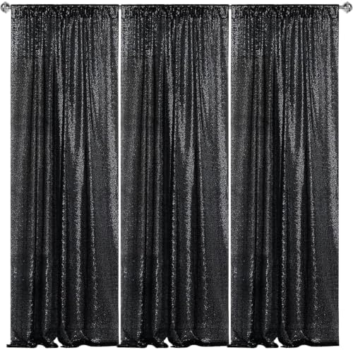 Black Sequin Backdrop Curtain 3 Panels 2FTx8FT Glitter Black Background Drapes Sparkle Photography Backdrop for
