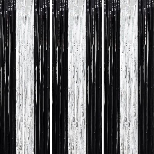 Black Silver Foil Fringe Backdrop Curtains,3.3x8.2ft, 3 Pack in 3.3x8.2ft