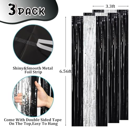 Black Silver Foil Fringe Backdrop Curtains,3.3x8.2ft, 3 Pack in 3.3x8.2ft, alternate view 3